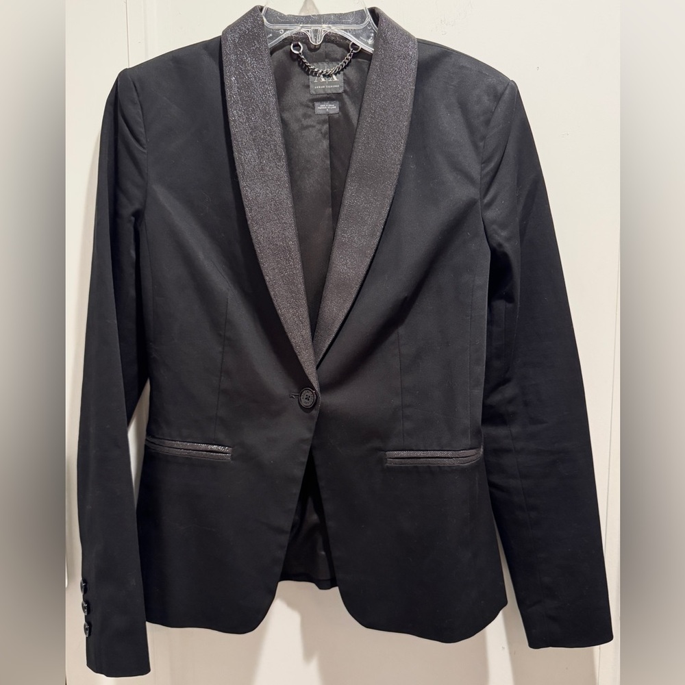 A/X Armani Exchange Black Blazer w/ Shimmer Collar + Pocket Trim. Size 4. A+
